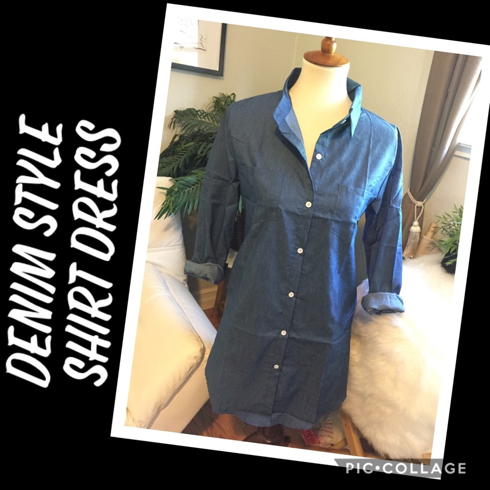 Stylish! Denim Style Shirt Dress - Picture 3 of 8